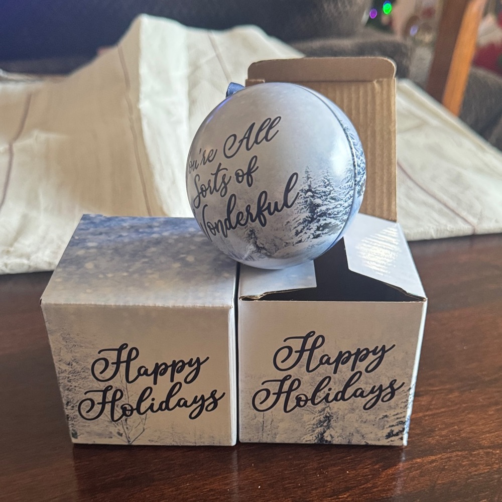 New in Boxes Set of 2 Happy Holidays Ornament - White and Blue